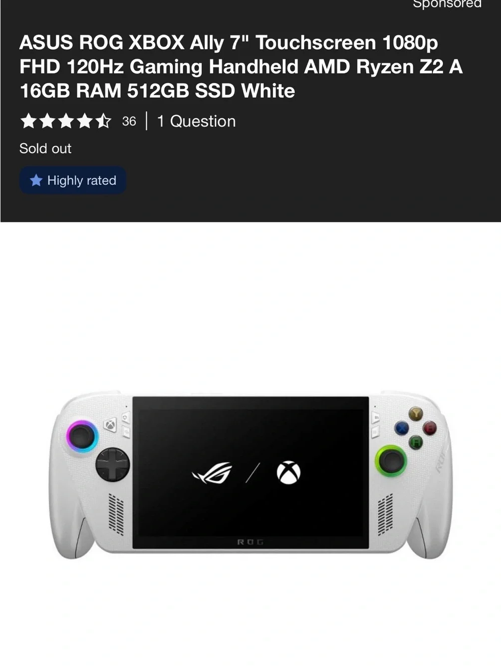 ASUS ROG Ally Handheld Gaming Console - White with RGB Accents